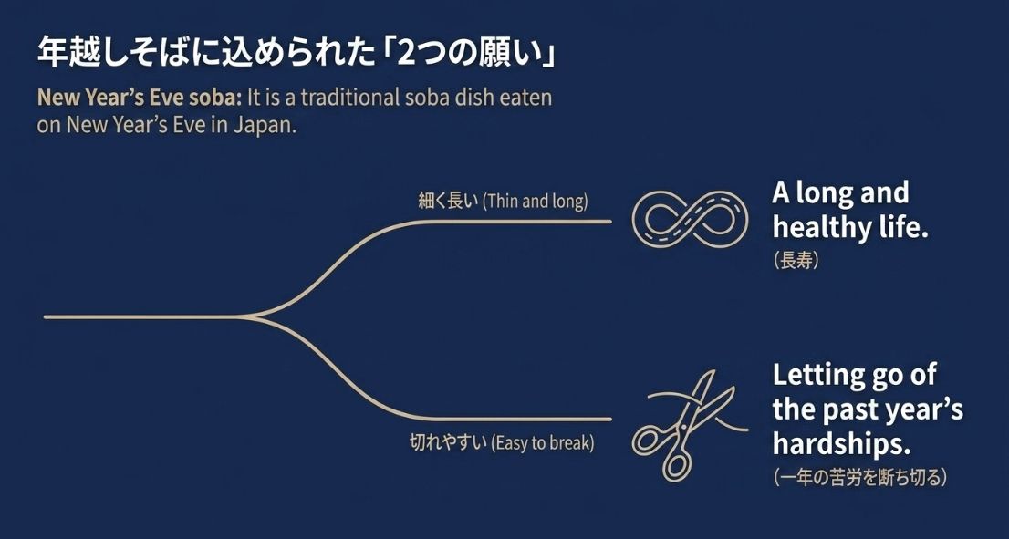 日本の年越しそばの文化紹介。 細く長い麺が「長寿（A long and healthy life）」を、 切れやすさが「一年の苦労を断ち切る（Letting go of the past year's hardships）」ことを表すという解説。