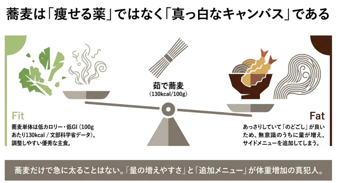 天秤のイラスト。左側（Fit）は低カロリー・低GIな蕎麦単体、右側（Fat）はサイドメニューが追加され量が増えた状態を示し、食べ方が太る原因であることを解説。
