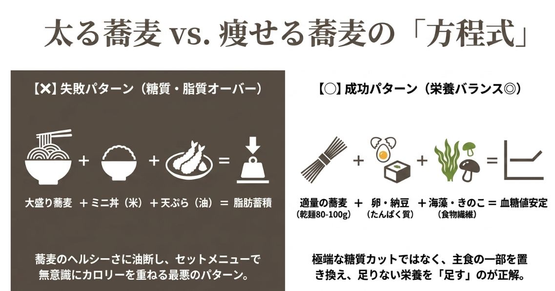 失敗パターン（大盛り蕎麦＋ミニ丼＋天ぷら＝脂肪蓄積）と成功パターン（適量の蕎麦＋卵・納豆＋海藻・きのこ＝血糖値安定）を対比させた方程式の図。