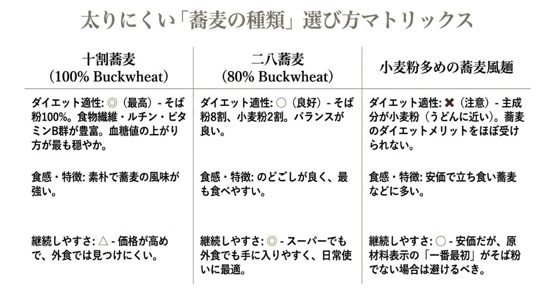 十割蕎麦（適性◎）、二八蕎麦（適性○）、小麦粉多めの蕎麦（注意）の3種類について、ダイエット適性・食感・継続しやすさをまとめた比較マトリックス。