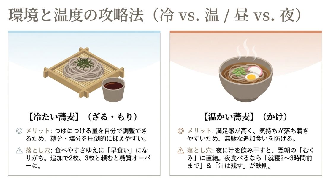 冷たい蕎麦（つゆの量を調整しやすいが早食いに注意）と、温かい蕎麦（満足感が高いがつゆの完飲による塩分過多に注意）の攻略法をまとめたスライド。