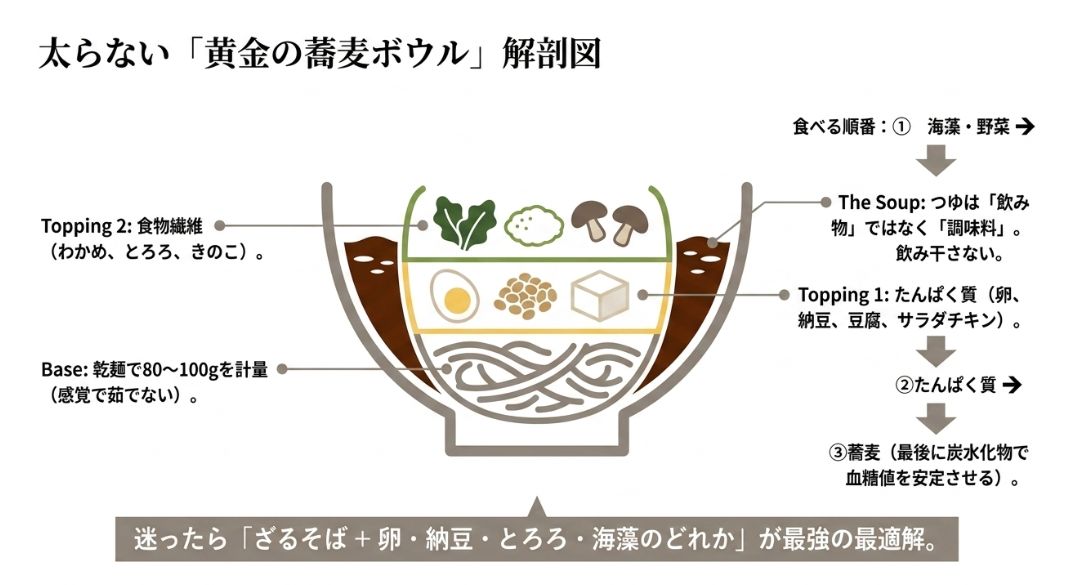 蕎麦ボウルの解剖図。食べる順番（1.食物繊維、2.たんぱく質、3.蕎麦）と、つゆは飲み干さないといった具体的なルールを視覚化したイラスト。