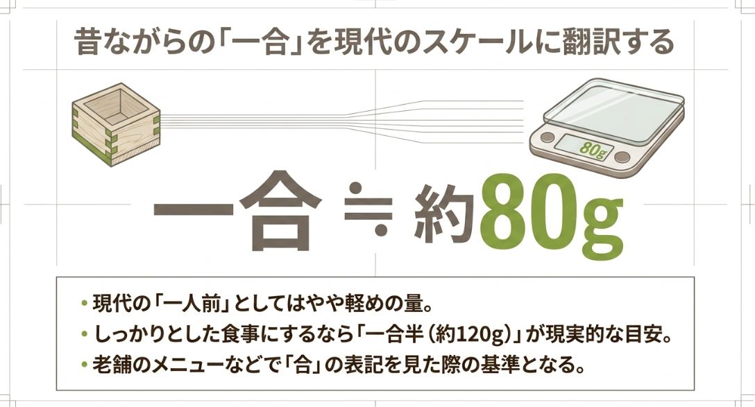 昔ながらの単位「一合」が約80gであることを示し、現代の一人前としては「一合半（約120g）」が現実的であることを説明するイラスト。