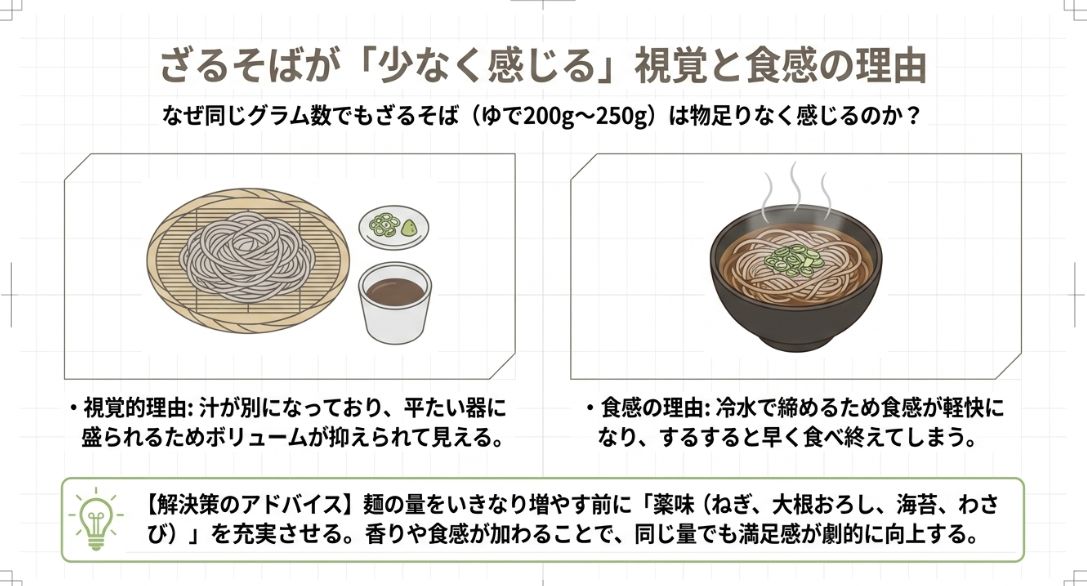 ざるそばが視覚や食感で物足りなく感じる理由と、薬味を充実させることで満足度を向上させる解決策の図解。