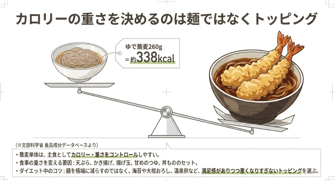 ゆで蕎麦260gが約338kcalであることを示し、天ぷらなどのトッピングが食事全体の重さ（カロリー）を左右することを説明する図解。
