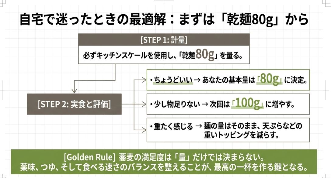 乾麺80gを基準に実食評価するステップと、量だけでなく薬味やつゆとのバランスが満足度を決めると説くまとめ画像。