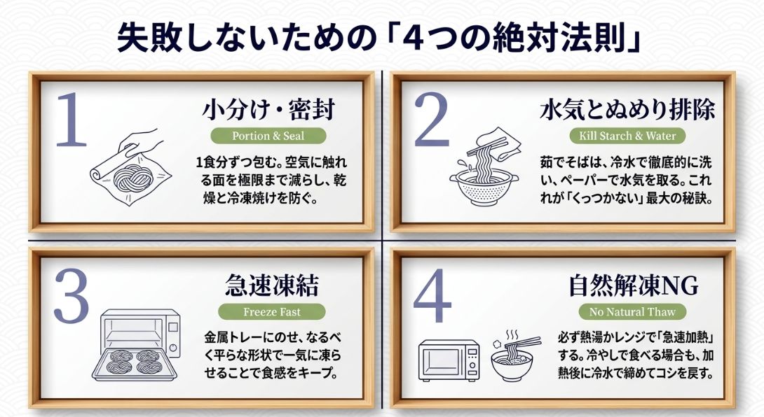 1.小分け密封、2.水気とぬめり排除、3.急速凍結、4.自然解凍NGの4項目をまとめた、記事の総まとめ図解。