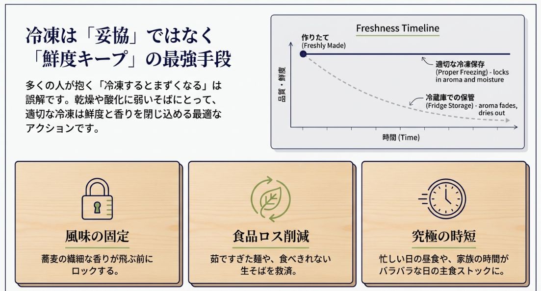 そばの品質・鮮度の推移グラフ。適切な冷凍保存は鮮度をロックするが、冷蔵庫保管は香りが飛び乾燥していく様子を比較。