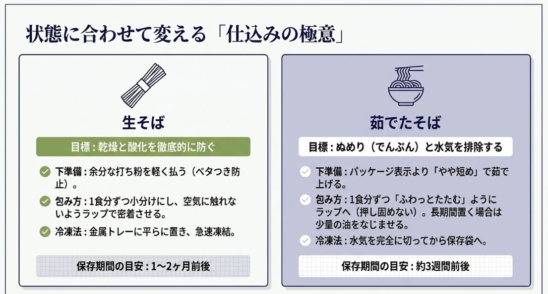 生そばと茹でたそば、それぞれの保存目標と下準備、包み方、冷凍法、保存期間の目安をまとめた図解。