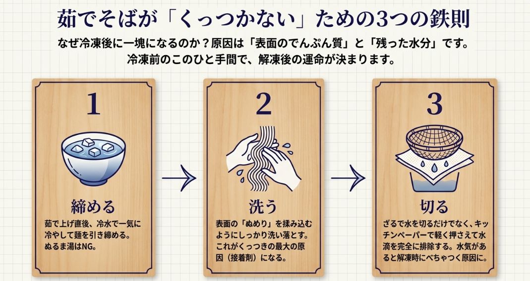 茹でたそばを冷凍する際の3つのステップ（1.締める、2.洗う、3.切る）を、どんぶりに入った氷水のイラストと共に解説。