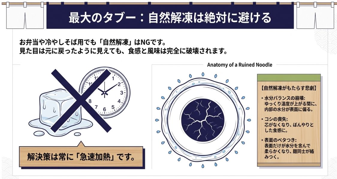 時計と氷にバツ印。自然解凍がもたらす水分バランスの崩壊、コシの喪失、ベタつきのメカニズムを解説したイラスト。