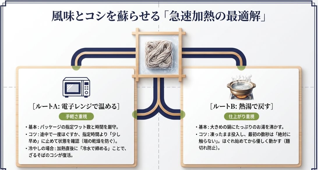 電子レンジ（手軽さ重視）と熱湯（仕上がり重視）、2つの解凍加熱ルートの基本とコツを解説した図解。