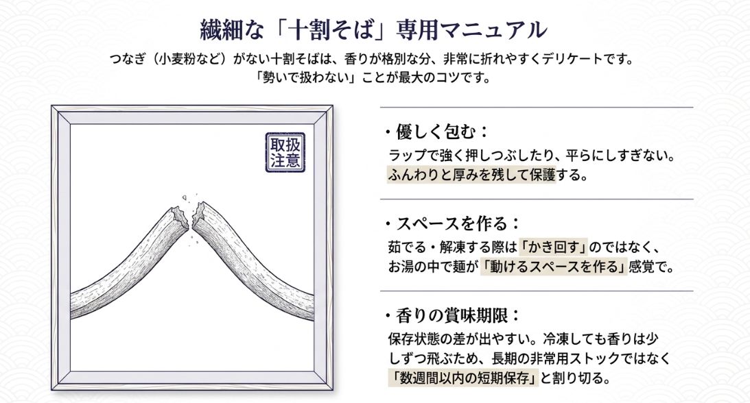 折れやすい十割そばのイラストと「取扱注意」の印。優しく包む、スペースを作る、短期保存を推奨する解説。