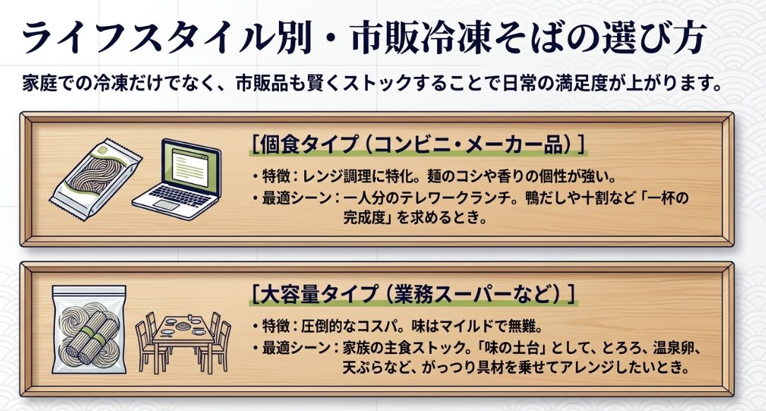 コンビニ・メーカー品の「個食タイプ」と、業務スーパー等の「大容量タイプ」の特徴と最適シーンを比較した表。