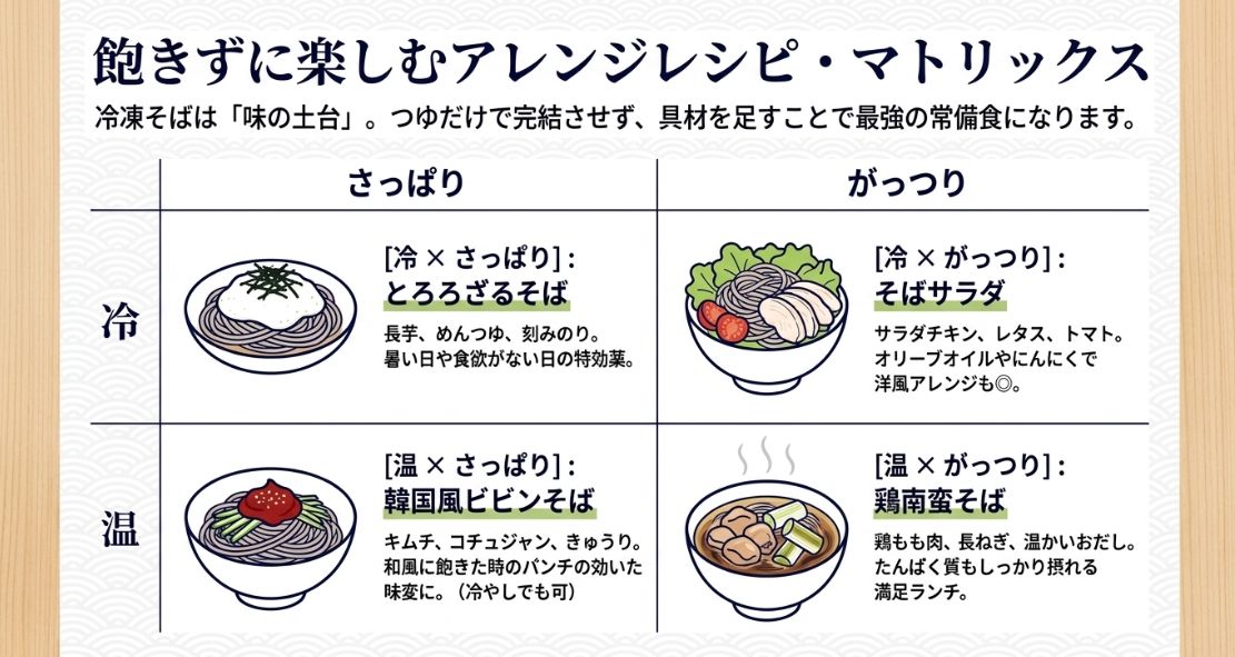 「冷・温」×「さっぱり・がっつり」の4軸で、とろろ、そばサラダ、ビビンそば、鶏南蛮を紹介した料理イラスト付きマトリックス。
