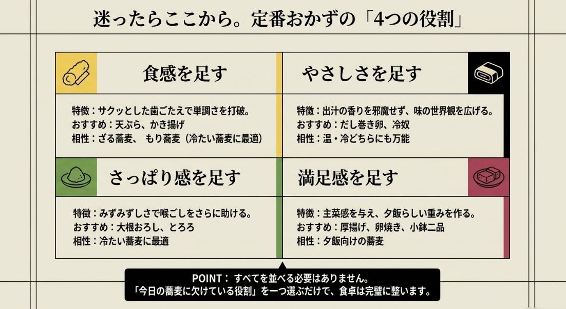 天ぷら（食感）、だし巻き卵（やさしさ）、とろろ（さっぱり）、厚揚げ（満足感）の4つの役割と、温・冷それぞれの蕎麦との相性をまとめた表。