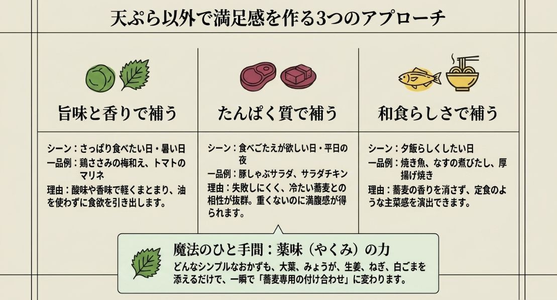 旨味・たんぱく質・和食らしさの3つの視点から、天ぷら以外で満足感を出すメニュー例（鶏ささみの梅和え、豚しゃぶ、焼き魚など）を解説した図。