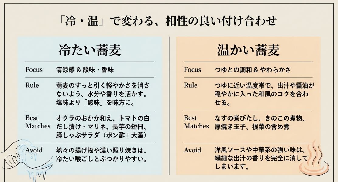 冷たい蕎麦には清涼感と酸味を、温かい蕎麦にはつゆとの調和とやわらかさを重視するというルールと、避けるべき味付け（冷たい蕎麦に熱々の揚げ物など）の比較図。