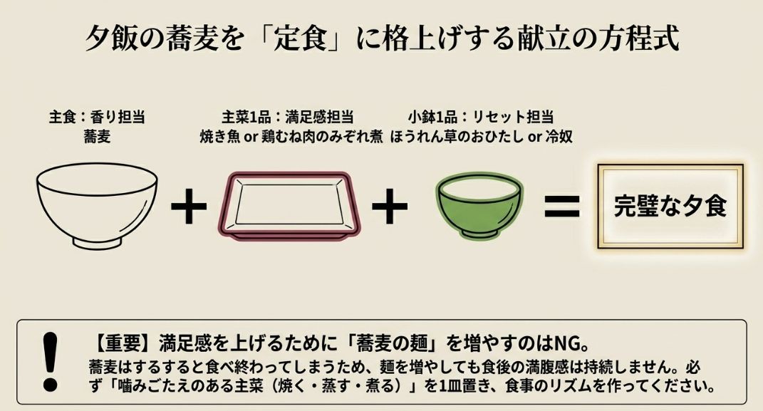 蕎麦（香り）＋主菜1品（満足感）＋小鉢1品（リセット）で完璧な夕食を作る方程式と、麺を増やすより噛みごたえのある主菜を足すべきという注意点。