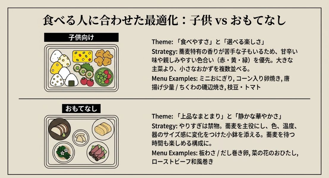 子供向けには「食べやすさと選べる楽しさ」、おもてなし向けには「上品なまとまりと静かな華やかさ」を重視する戦略と、それぞれのメニュー例を並べた比較イラスト。