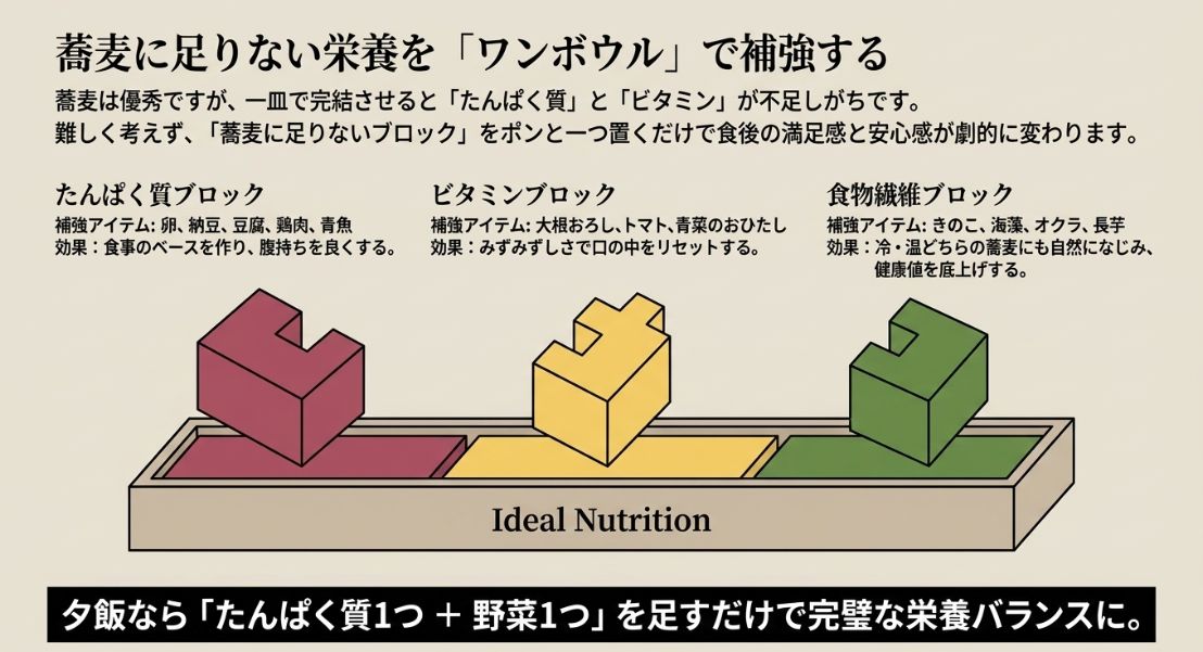 蕎麦に不足しがちなたんぱく質、ビタミン、食物繊維を、卵・トマト・きのこなどの「ブロック」を足す感覚で補うイメージ図。