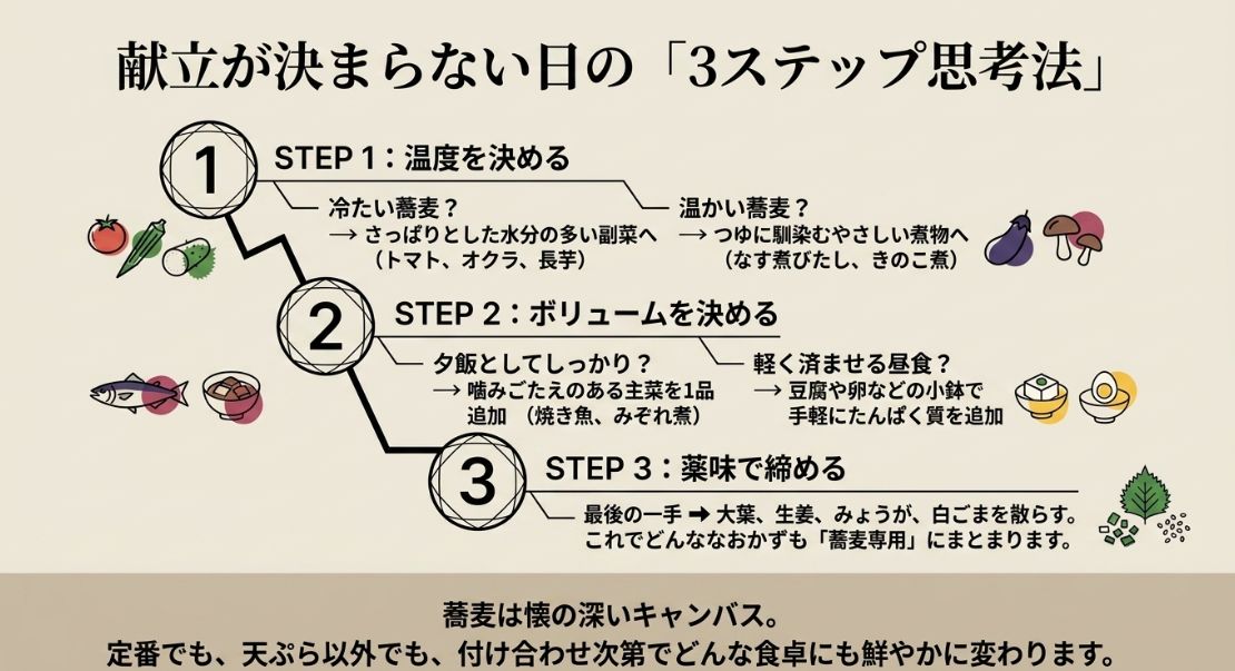 ステップ1：温度を決める、ステップ2：ボリュームを決める、ステップ3：薬味で締める、という3段階で迷わず献立を完成させるフローチャート。