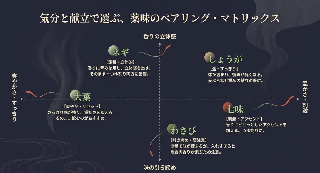 ネギ、しょうが、大葉、わさび、七味の特徴をまとめたマトリックス図。爽やかさや刺激など、求める風味に応じた薬味の選び方が視覚化されている。