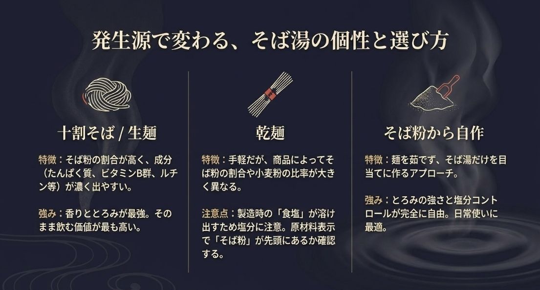 十割そば・生麺、乾麺、そば粉自作の3パターンの特徴比較。成分の濃さや塩分への注意点、自作の強みなどが整理されている。
