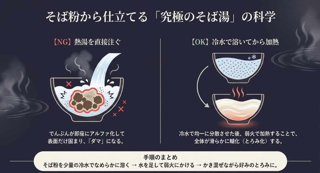 ダマを防ぐための手順解説。熱湯を直接注ぐのはNGで、冷水で溶いてから加熱することで滑らかに糊化させる仕組みがイラストで示されている。