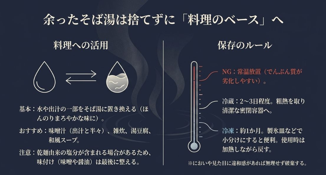 味噌汁や雑炊など料理への活用例と、冷蔵（2〜3日）や冷凍（約1か月）の保存ルールを解説したスライド。劣化しやすいでんぷん質の扱いについて注意を促している。