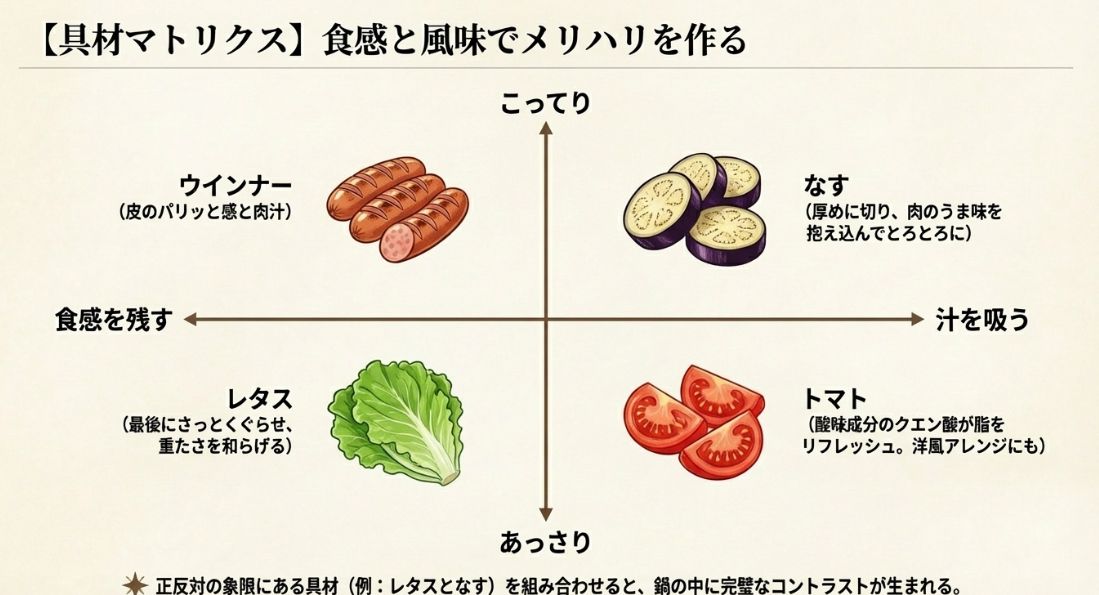 こってり・あっさり、食感を残す・汁を吸うの2軸で具材を分類したマトリクス図。レタスとなすのように、正反対の性質を持つ具材を組み合わせるメリットを解説している。