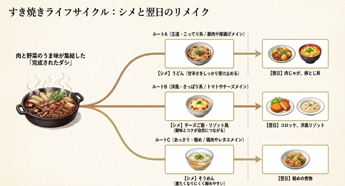 鍋のタイプ(王道、洋風、あっさり)に合わせ、うどんやリゾットなどの最適なシメと、翌日のリメイク料理(肉じゃが、コロッケ等)を提案するルートマップ。