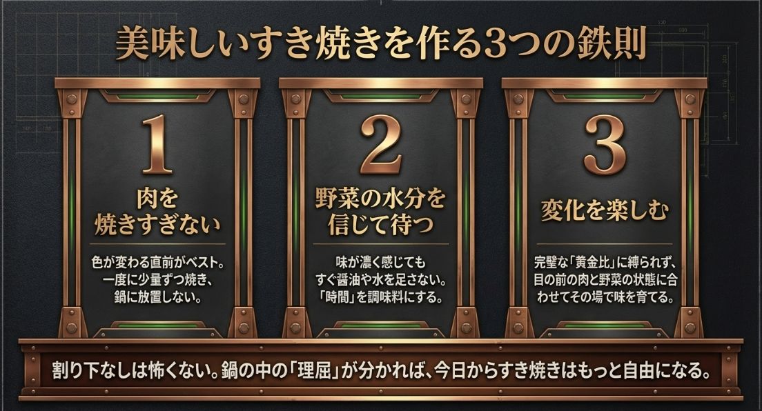 1.肉を焼きすぎない、2.野菜の水分を信じて待つ、3.変化を楽しむ、という成功のための3大原則。