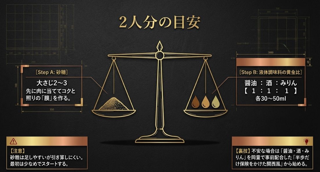 砂糖大さじ2から3に対し、醤油・酒・みりんを1対1対1の黄金比で合わせる調味料の目安量。