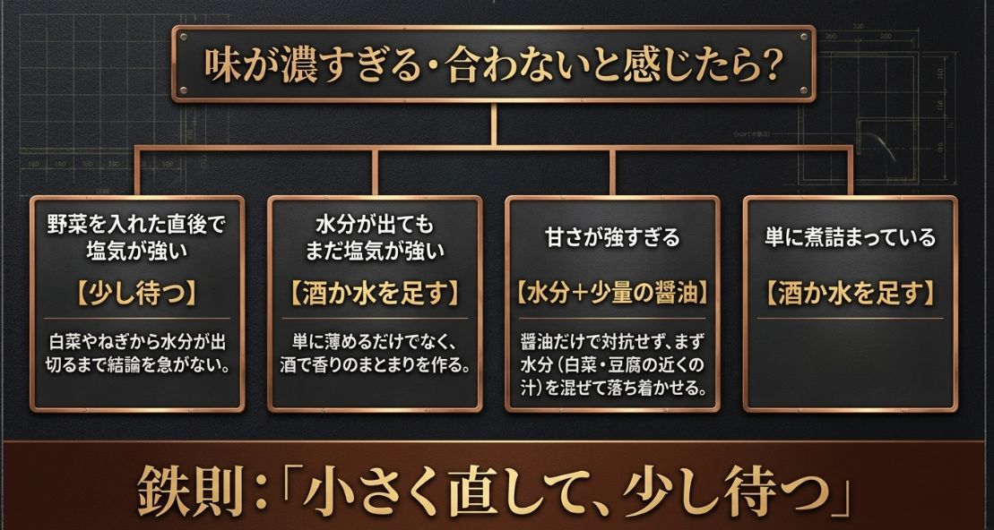 塩気が強い、甘すぎる、煮詰まったなど、味が合わないと感じた時の具体的なリカバリー方法。