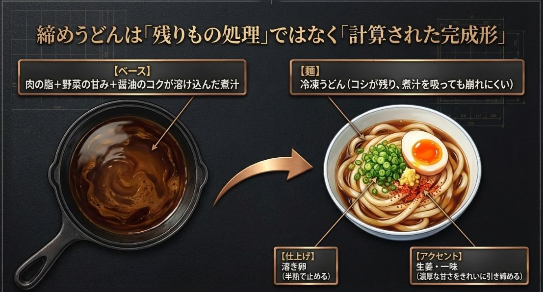 煮汁をベースに、冷凍うどん、溶き卵、生姜、一味を使って作る、計算された締めうどんの作り方。