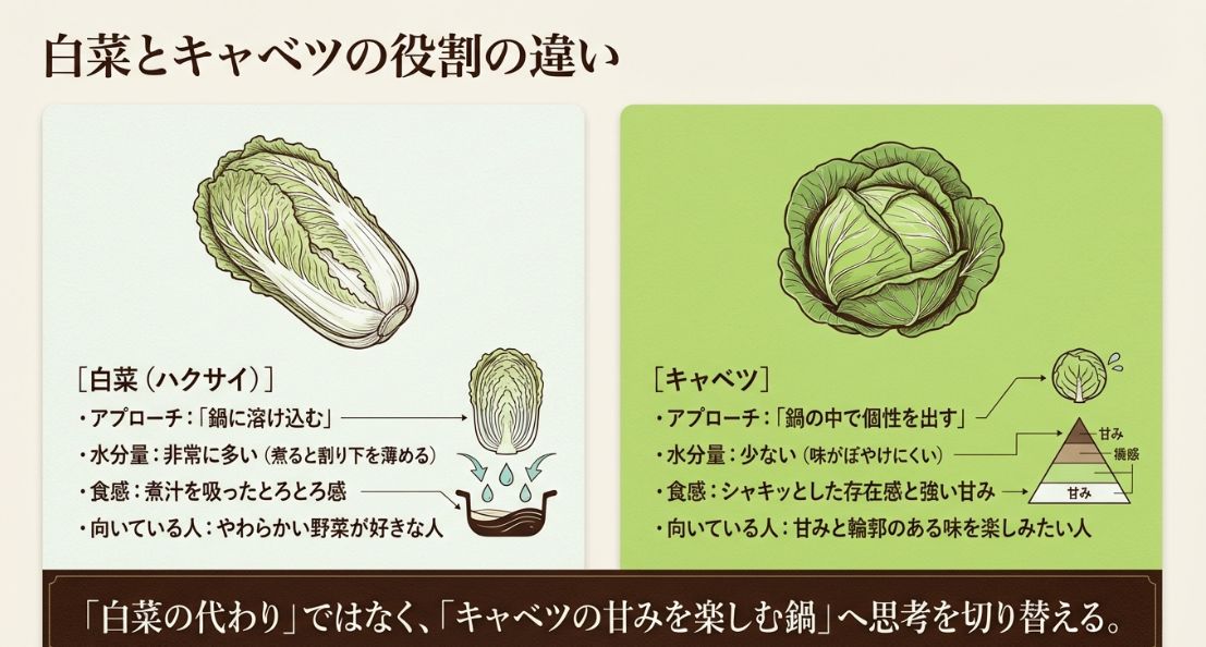 白菜とキャベツの水分量、食感、向いている人の違いを比較した表。キャベツは「個性を出すタイプ」と解説
