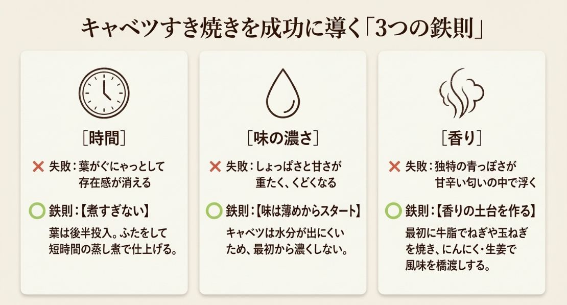 煮すぎない時間管理、薄めから始める味の濃さ、香りの土台作りの3つの失敗回避ポイント