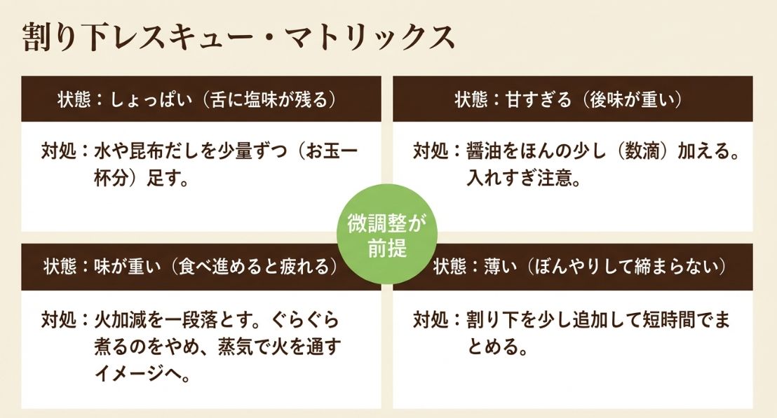 しょっぱい、重い、甘すぎる、薄いといった状態別の具体的な対処法をまとめたマトリックス