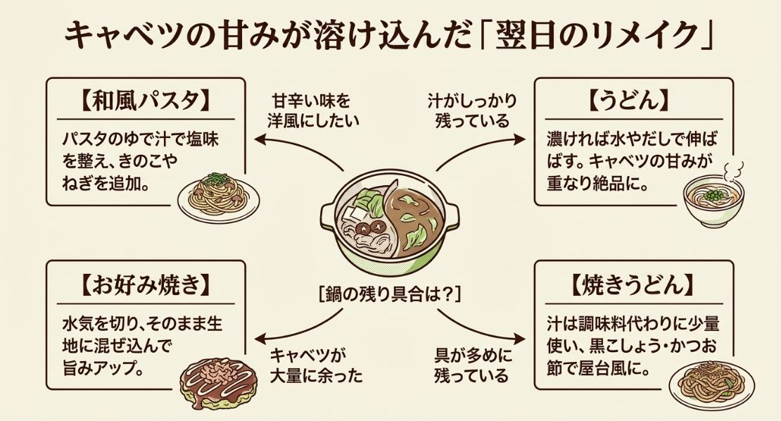 残り具合に合わせた和風パスタ、うどん、お好み焼き、焼きうどんへのリメイクチャート