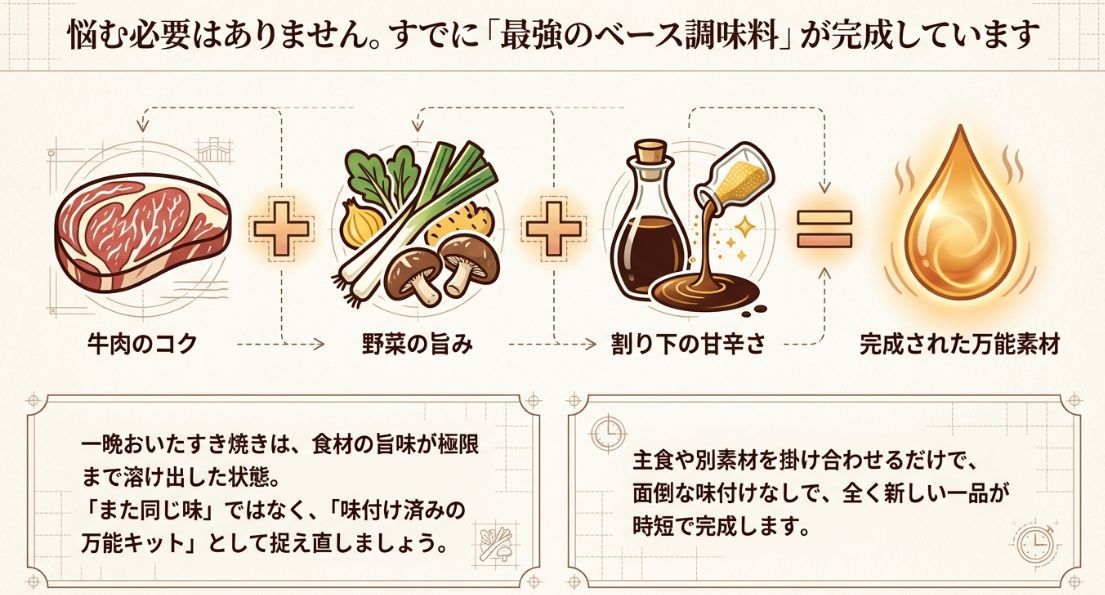 牛肉のコク、野菜の旨み、割り下の甘辛さが合わさることで、すき焼きの残り汁が「完成された万能素材」になることを説明する図解。