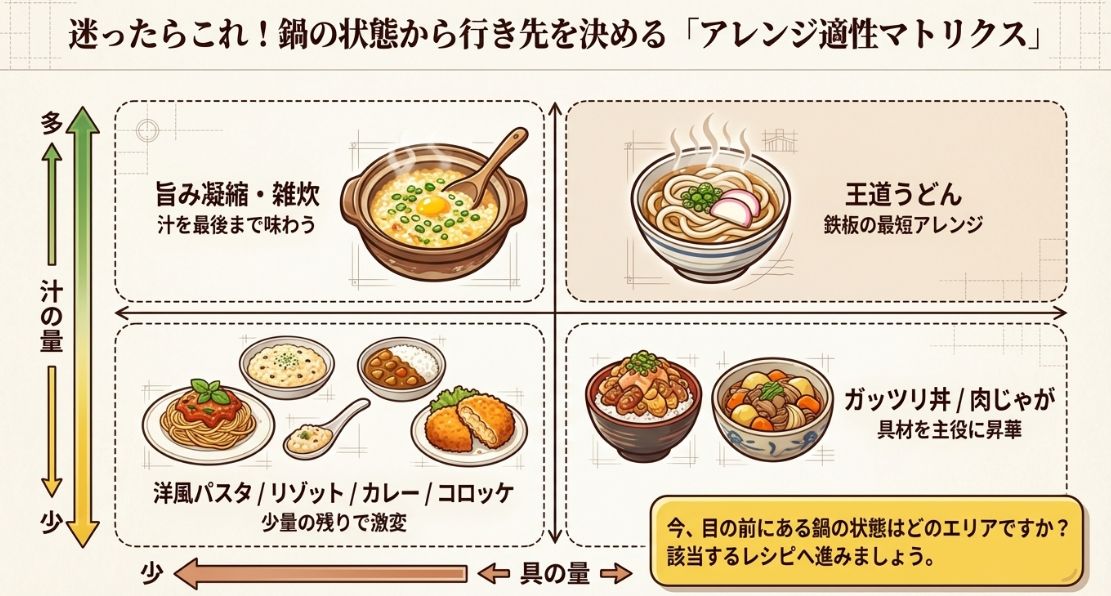鍋に残っている「具の量」と「汁の量」の多寡によって、うどん・雑炊・パスタ・カレー・コロッケ・丼・肉じゃがのどれが最適かを示すマトリクス図。