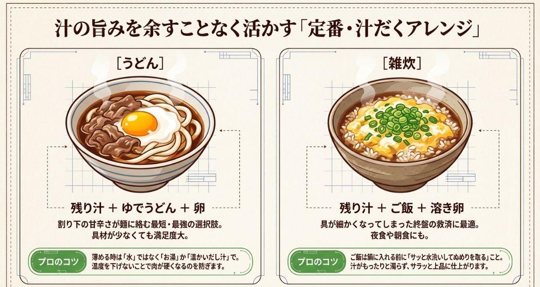 うどんと雑炊のレシピ図解。肉を硬くしないために「お湯」で薄める工夫や、雑炊を上品に仕上げるためにご飯の「ぬめり」を取るプロのコツが記載されている。