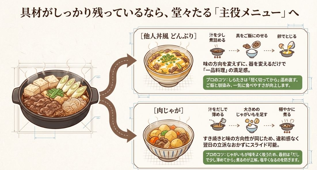 他人丼風どんぶりと肉じゃがのレシピ図解。しらたきを短く切って食べやすくする工夫や、じゃがいもが味を吸いすぎないよう「だしで薄めてから煮る」コツが記載されている。