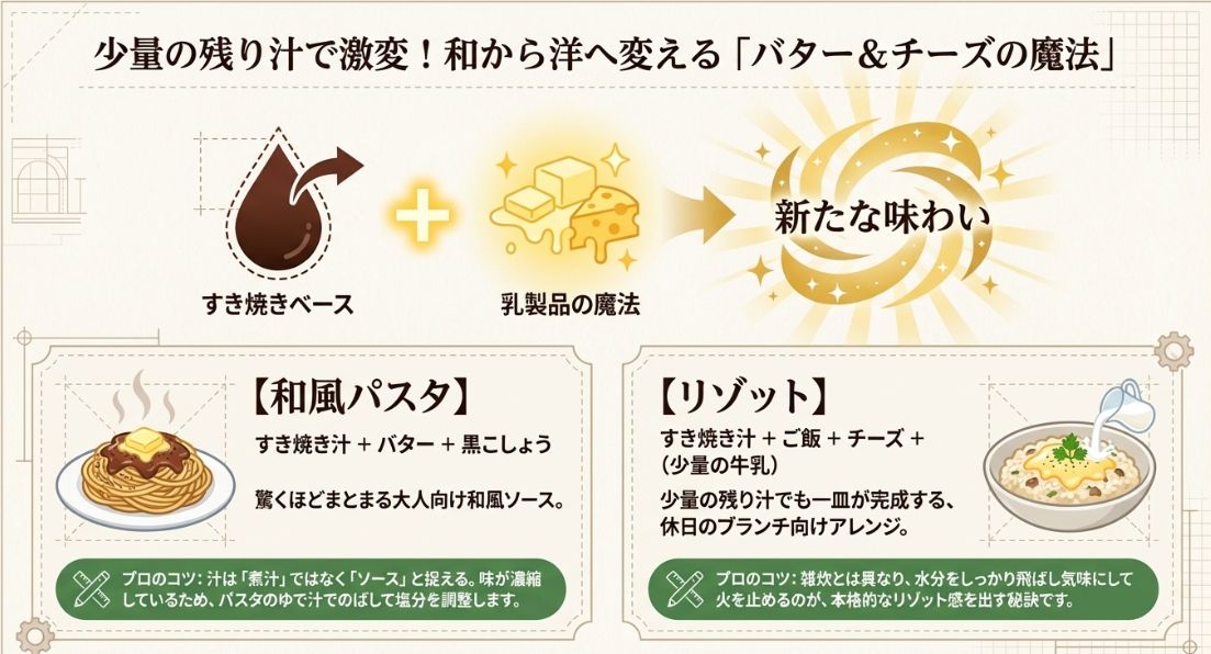 和風パスタとリゾットのレシピ図解。残り汁を「ソース」と捉えてゆで汁で調整するコツや、リゾットを本格的に仕上げるために水分を飛ばす工夫が記載されている。