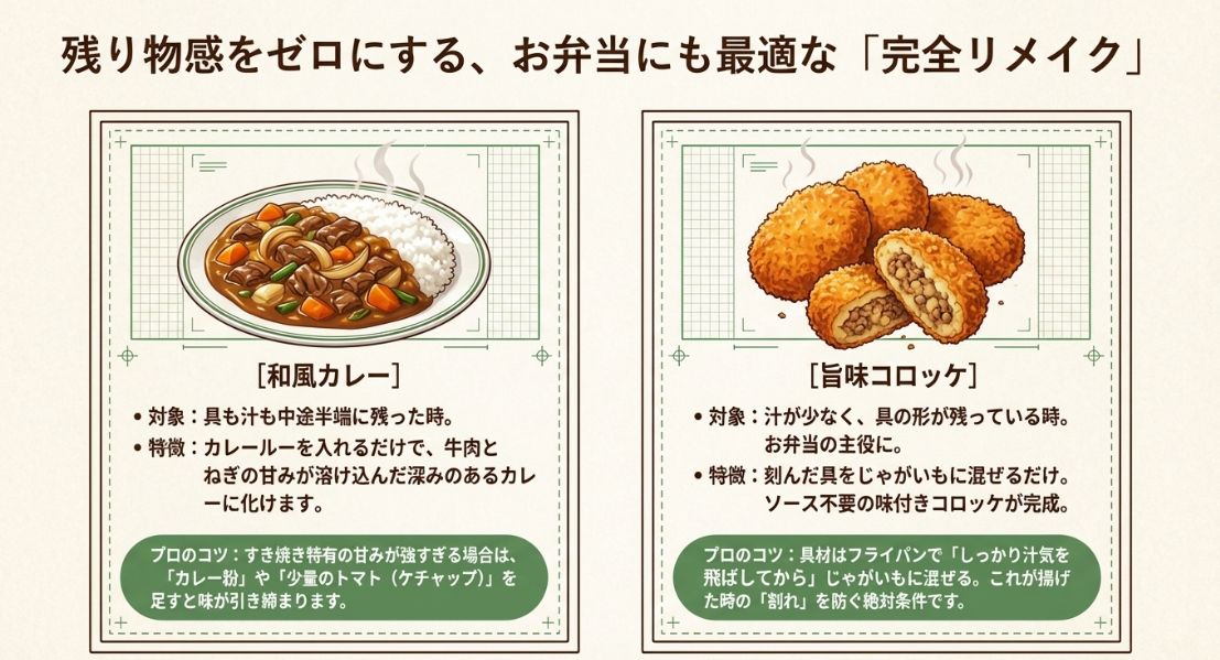 和風カレーと旨味コロッケのレシピ図解。カレーの味を引き締めるトマトの追加や、コロッケを揚げる際に「割れ」を防ぐために汁気をしっかり飛ばすコツが記載されている。