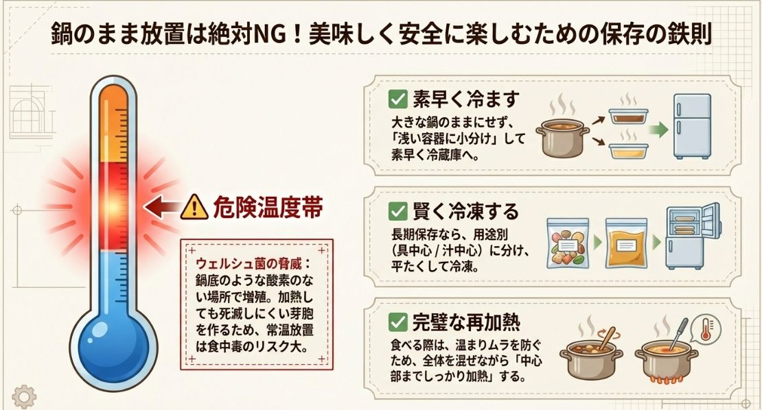 鍋のまま放置するリスク（ウェルシュ菌）と、小分けにして素早く冷蔵・冷凍保存する方法、および中心部までしっかり再加熱することの重要性を示す図解。