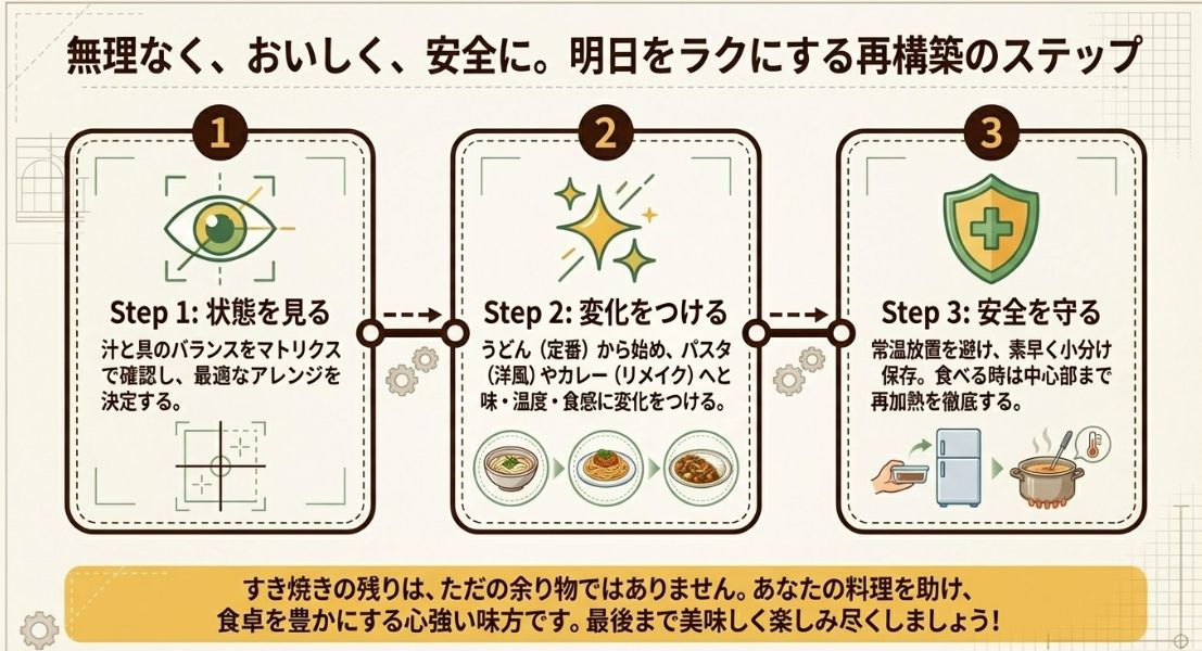 状態を見る、変化をつける、安全を守る、というすき焼きリメイクを無理なく美味しく成功させるための3つのステップのまとめ。