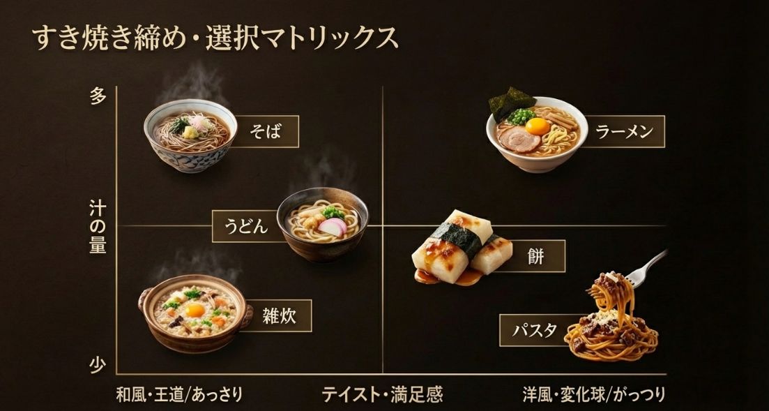 汁の量(多・少)とテイスト(和風・洋風)の軸で、そば、うどん、雑炊、ラーメン、パスタ、餅のどれが適しているかを示す図解。