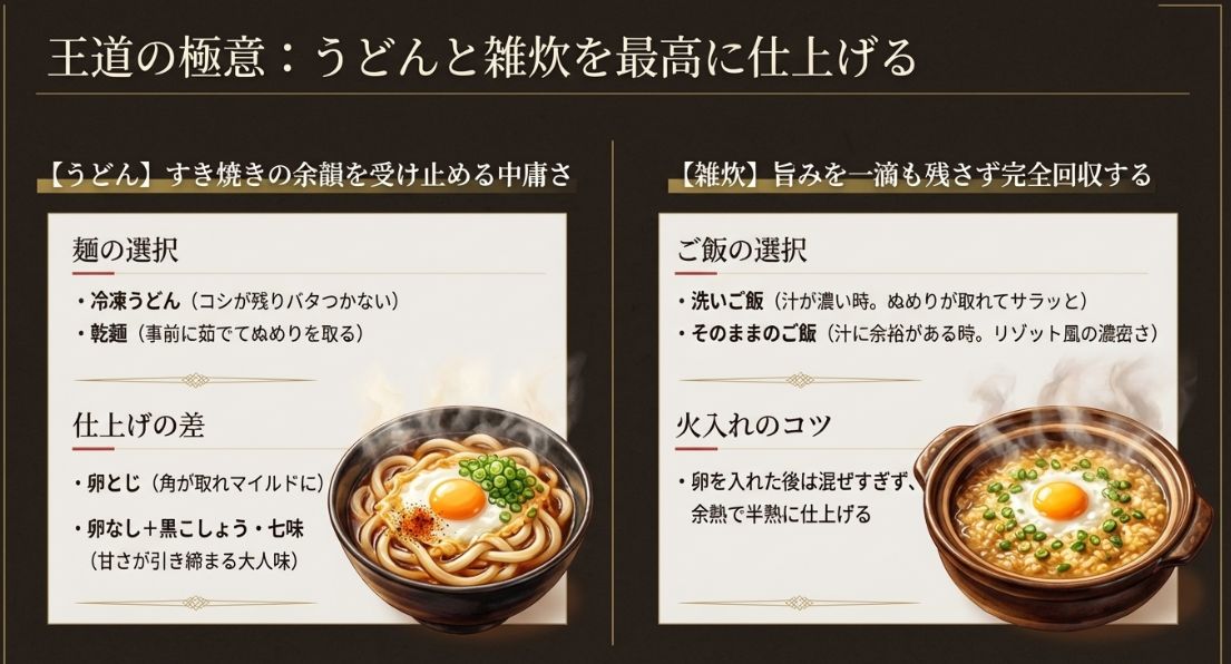 冷凍うどんや洗いご飯の使い分け、卵とじの火入れのコツなど、うどんと雑炊をおいしく作るポイント。